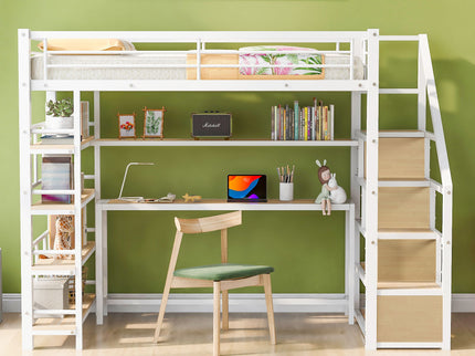 Twin Size Loft Bed With Built In Desk, Staircase Storage & 4 Tier Shelves - White