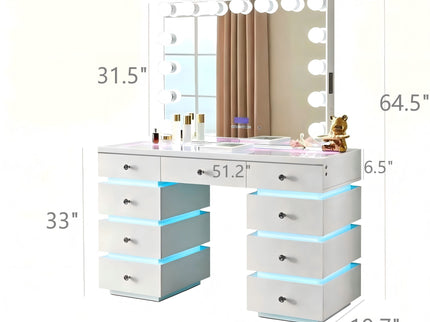 LED Lighted Makeup Vanity Desk With 15 Bulbs Mirror, RGB Light Drawers, 9 Drawers Dressing Table For Bedroom - Gloss White