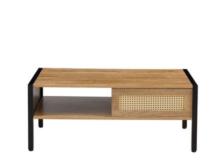 40.16" Rattan Coffee Table, Sliding Door For Storage, Metal Legs, Modern Table For Living Room