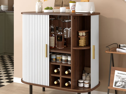 Fluted Wine Bar Cabinet With 8 Grid Wine Rack, 5 Level Adjustable Shelves, 2 Glass Holders
