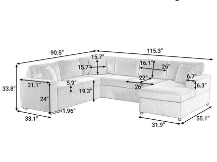 Oversized Sectional U-Shaped Sofa With Chaise Lounge And Three Soft Throw Pillows