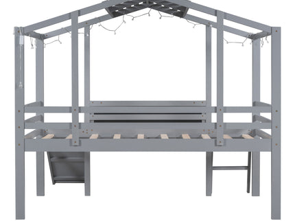 Loft House Bed With Ladder And Slide, With board And Light Strip On The Roof