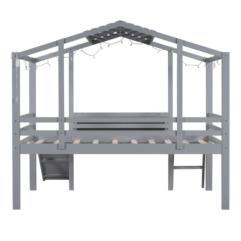 Loft House Bed With Ladder And Slide, With board And Light Strip On The Roof