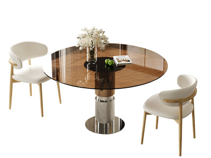 Round Dining Table & Tempered Glass Top - Brown
