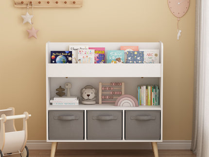 Bookshelf With 3 Bins, Storage Shelf For Toys And Books - White