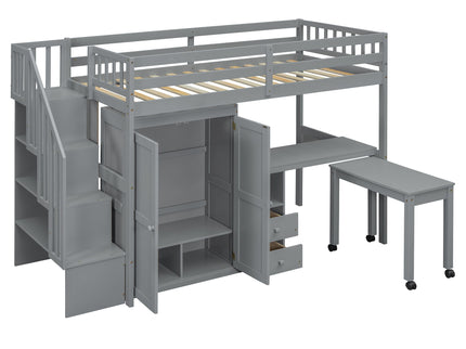 Loft Bed With Stairs, Bookshelf, Drawers, Desk & Wardrobe, Space Saving Multifunctional Furniture