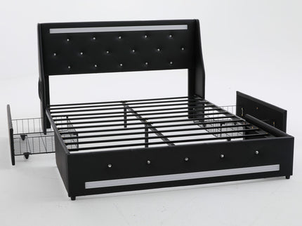 Wingback Upholstered Bed Frame With LED Lights, Charging Station