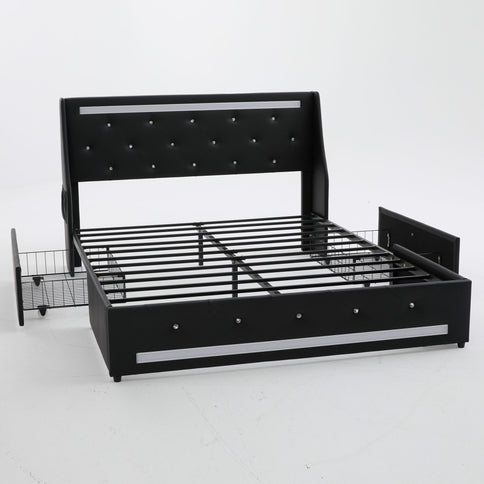 Wingback Upholstered Bed Frame With LED Lights, Charging Station