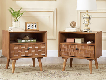Nightstand With Carved Geometric Drawer Front, 1 Drawer And Open Shelf