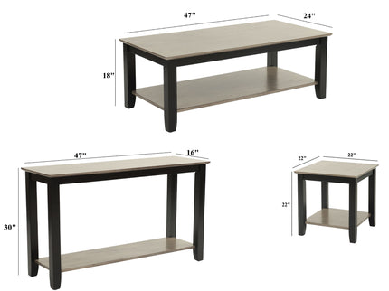 3 Piece Table Set With Open Shelf Storage, Includes Coffee, End & Console Table - Black / Black / Gray / Gray