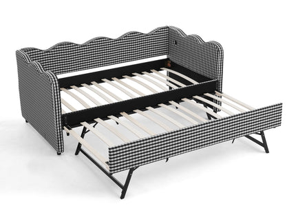 Gingham Daybed With USB Charging Port, Wave Shaped Design