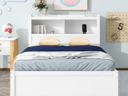 Full Size Platform Bed With Trundle, Drawers, USB Ports And Built In Shelves - White