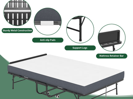Twin Extra Long Folding Bed With Adjustable Headboard, Cot With Memory Foam Mattress - Black