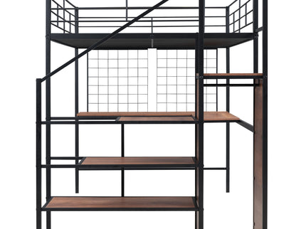 Loft Bed With Desk And Grid, Stylish Frame With Lateral Storage Ladder And Wardrobe