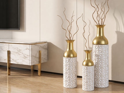 Tall Textured Geometric Decorative Floor Vases Home Decor (Set of 3) - White / Gold