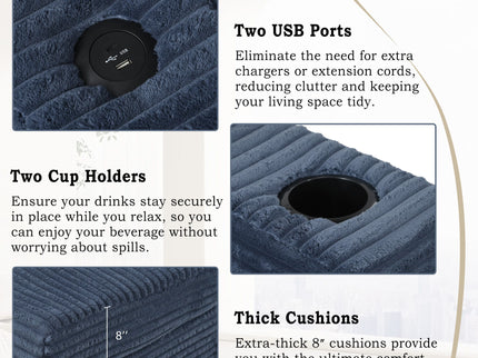 Oversized Loveseat Chaise With 2 USB Ports, 2 Cup Holders And 2 Throw Pillows