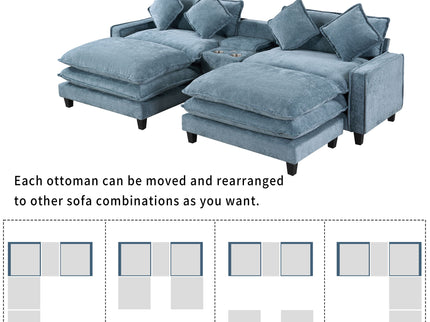 Modern Sectional Sofa With Removable Ottomans, USB Ports