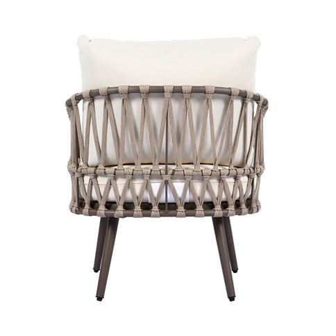 4 Piece Outdoor Patio Furniture Set, Metal Chairs With Woven Rope U Shaped Backrest