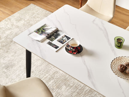 Mid Century Modern Dining Table Round White Sintered Stone Top Heavy Duty Metal Legs Waterproof Surface For Kitchen Dining Room Or Office Furniture - White / Black