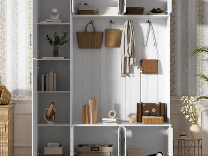Tall Hall Tree With Shoe Storage, 4 In 1 Entryway Bench With 6 Cabinets, 4 Coat Hooks & Adjustable Shelf For Hallway - White