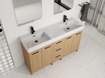 Double Sink Bathroom Vanity With 3 Drawers, Large Storage, Integrated Sink, Freestanding Cabinet, Soft Close Hardware - Glossy White / Light Oak