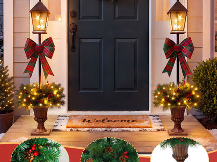 Christmas Lamp Post Decor With Plaid Bow, Artificial Outdoor Holiday Decor (Set of 2) - Brown / Bronze / Green