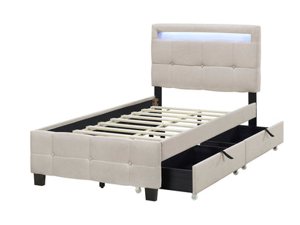 Upholstered Platform Bed With LED Frame, With Trundle And 2 Drawers