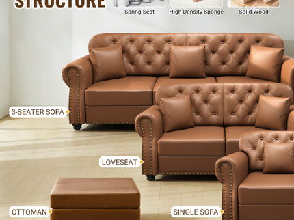 Upholstered Sofa With Nailhead Trim, Rolled Armrests With Ottoman