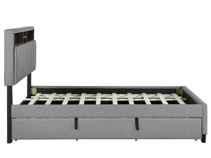 Upholstered Platform Bed With Storage Headboard, Trundle & 2 Drawers And A Set Of Sockets & USB Ports