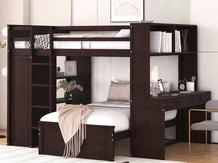 Loft Bed With A Twin Size Standalone Bed, Shelves, Desk, And Wardrobe