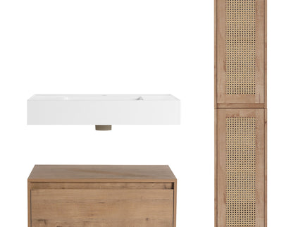 Modern Imitative Wall Mounted Bathroom Vanity With Resin Sink & 2 Side Cabinet, Soft Close Drawer - Imitative Oak