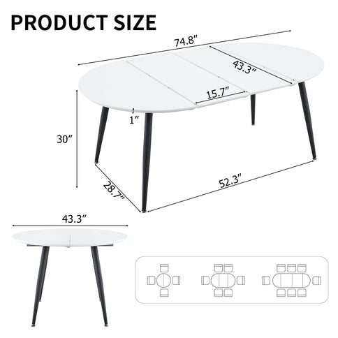 Pull Out Dining Table, Round Design - White