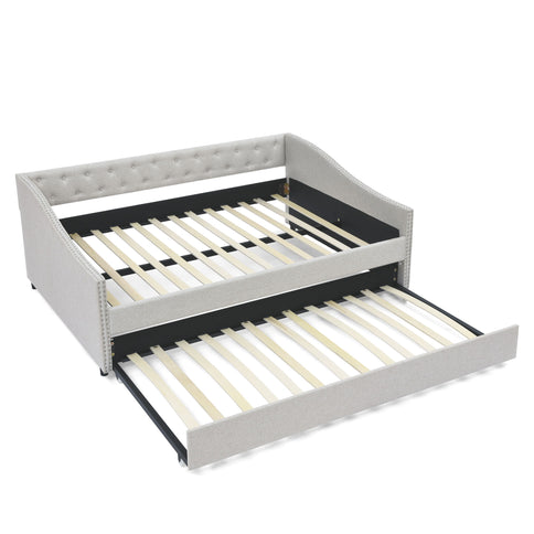 Upholstered Tufted Daybed With Drawers, Waved Arms