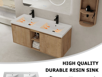 48" Wall Mounted Bathroom Vanity With Double Resin Sink And Storage Rack Soft Close Doors Plywood Construction - Imitative Oak