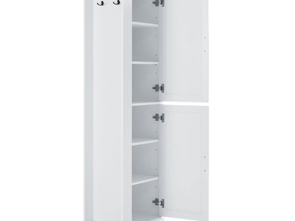 Tall Freestanding Bathroom Storage Cabinet With Adjustable Shelves And Side Hooks