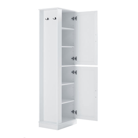 Tall Freestanding Bathroom Storage Cabinet With Adjustable Shelves And Side Hooks