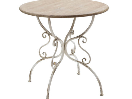 Round Wooden Table With Metal Scrollwork Legs - White Washed