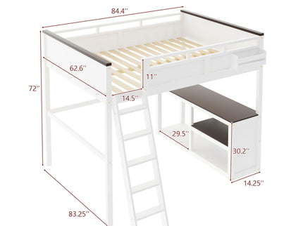 Queen Size Loft Bed With Desk, Open Shelf, Storage Box And USB Charging Station - White