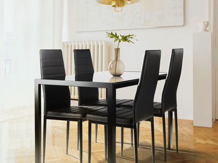 5 Pieces Dining Table Set For 4, Kitchen Room Tempered Glass Dining Table, 4 Faux Leather Chairs - Black