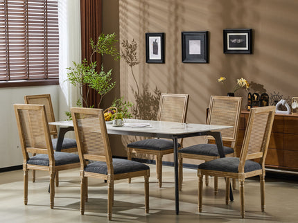 French Country Dining Chair With Rectangular Cane Backrest And Smooth Upholstered Seating