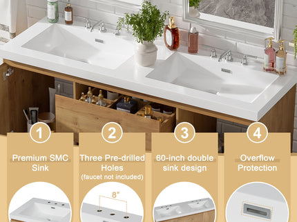 Double Sink Bathroom Vanity, Cabinet & Soft Close Doors, Divided Drawers, Wall Mounted Storage - Wood