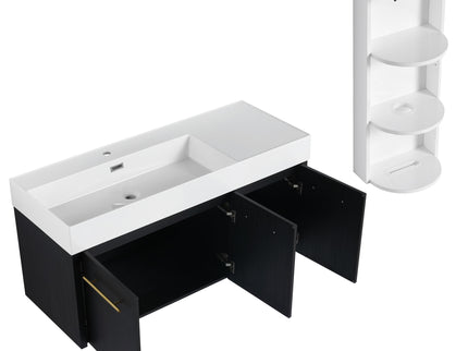 Modern Chestnut Wall Mounted Bathroom Vanity With Left Resin Sink And Storage Rack - Black Chestnut