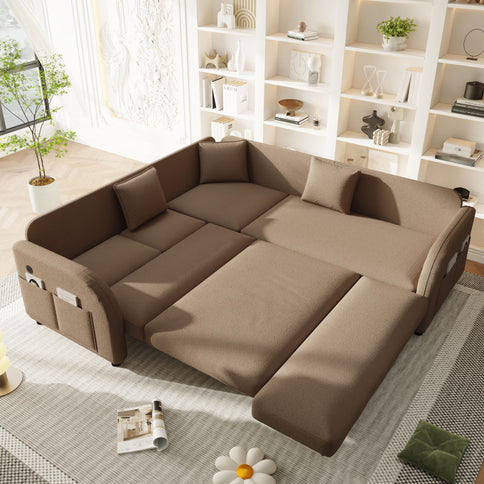 L-Shaped Couch With Pull-Out Bed, Oversize Convertible Sleeper Sofa With Side Pocket & USB Port