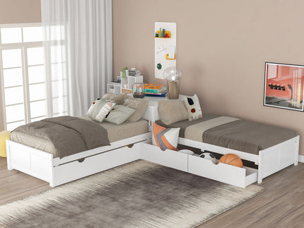 L Shaped Platform Bed With Trundle And Drawers Linked With Built In Desk