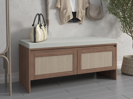 Storage Bench With Cushion, Shoe Cabinet With 2 Doors - Antique Natural / Rattan