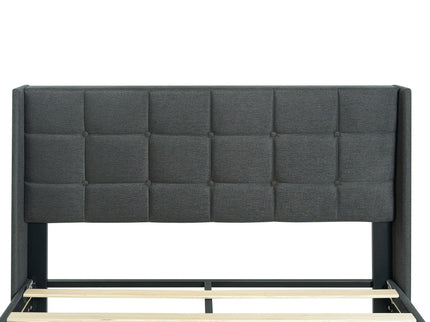 Queen Size Upholstered Platform Bed Frame With Button Tufted Linen Fabric Headboard - Dark Gray