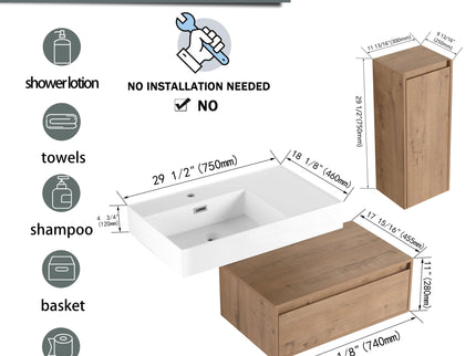 Modern Wall Mounted Bathroom Vanity With Resin Sink And Side Cabinet, Soft Close Drawer, Imitative - Imitative Oak