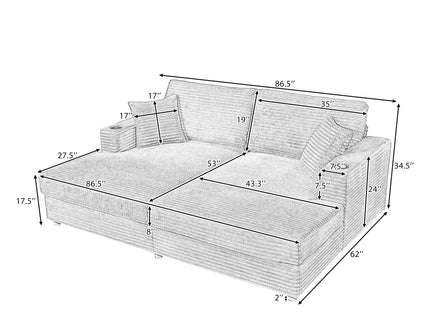 Oversized Loveseat Chaise With 2 USB Ports, 2 Cup Holders And 2 Throw Pillows