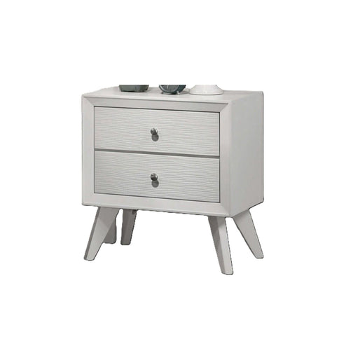 Nightstand With Angled Legs, Round Knobs, Wave Texture, 2 Drawer Bedside Table - White