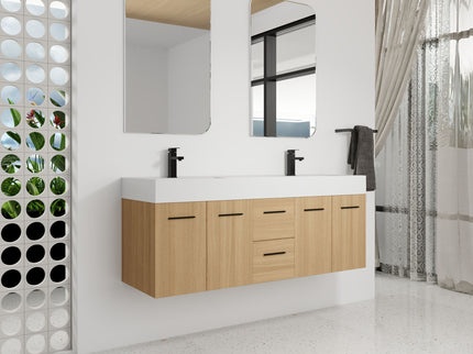 Floating Double Sink Bathroom Vanity With Drawers And Doors, Extra Large Storage, Integrated Sink, Soft Close Hardware - Glossy White / Light Oak